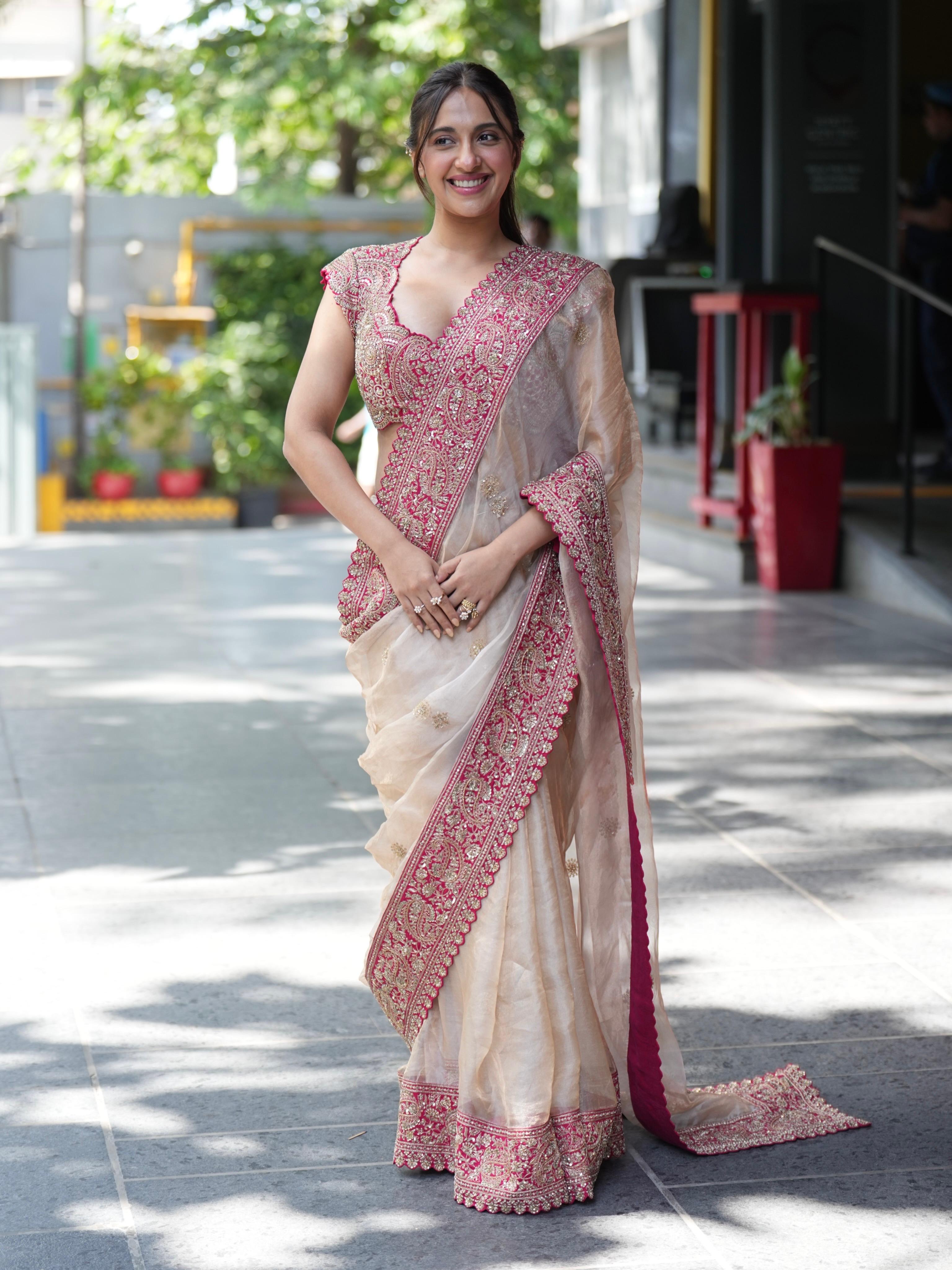 ✨🥂 LUXURY CHAMPAGNE GOLD DESIGNER ZIPSY SILK SAREE WITH DORI & SEQUINS EMBROIDERY 🥂✨