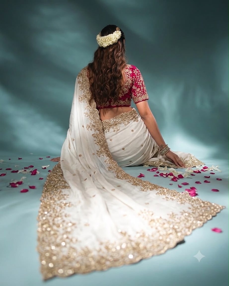 Premium White Color Heavy Rangoli Embroidered Designer Saree