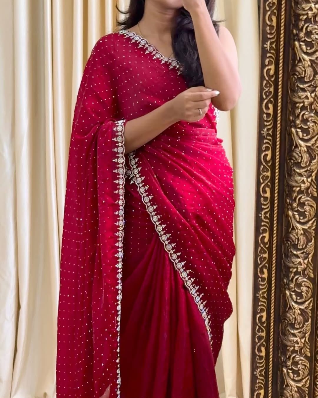 Premium Satin Crepe Designer Saree with Crystal Stone Work
