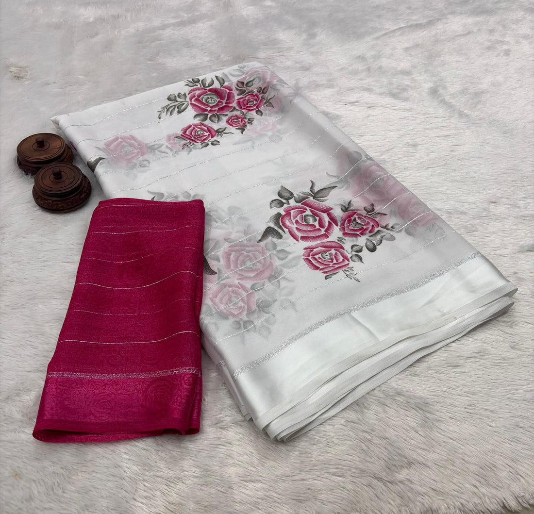 Soft Moss Chiffon White Color Designer Saree