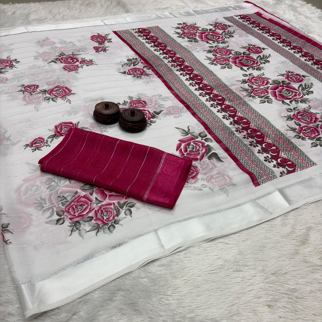 Soft Moss Chiffon White Color Designer Saree