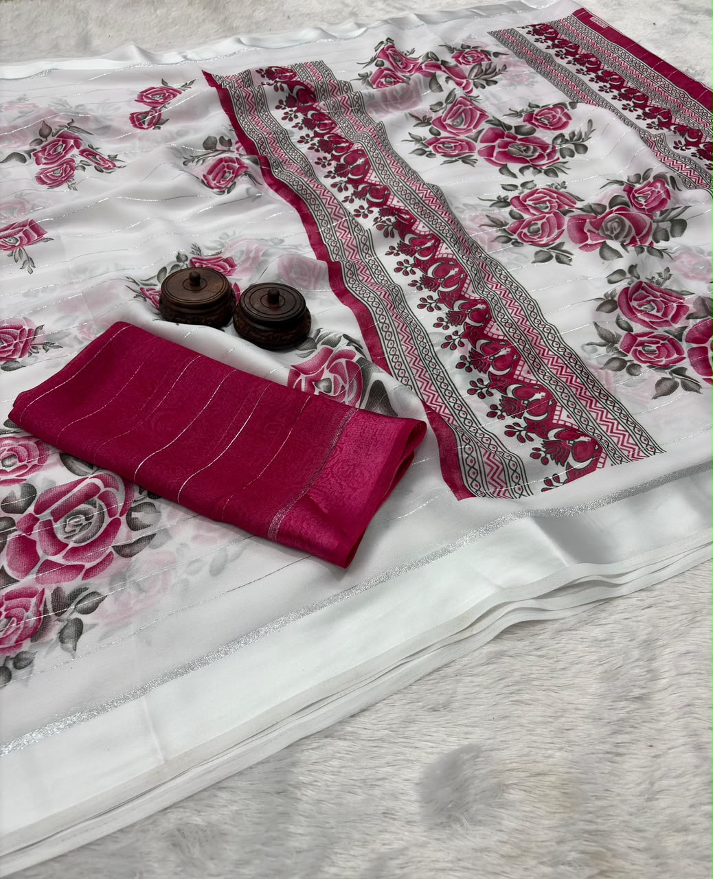 Soft Moss Chiffon White Color Designer Saree