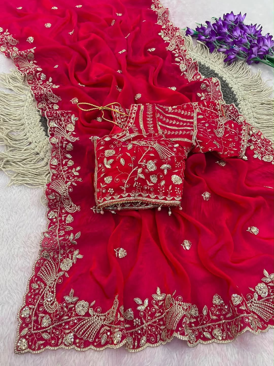 Luxury Fendy Satin Designer Saree With Heavy Border & All Over Butti Work