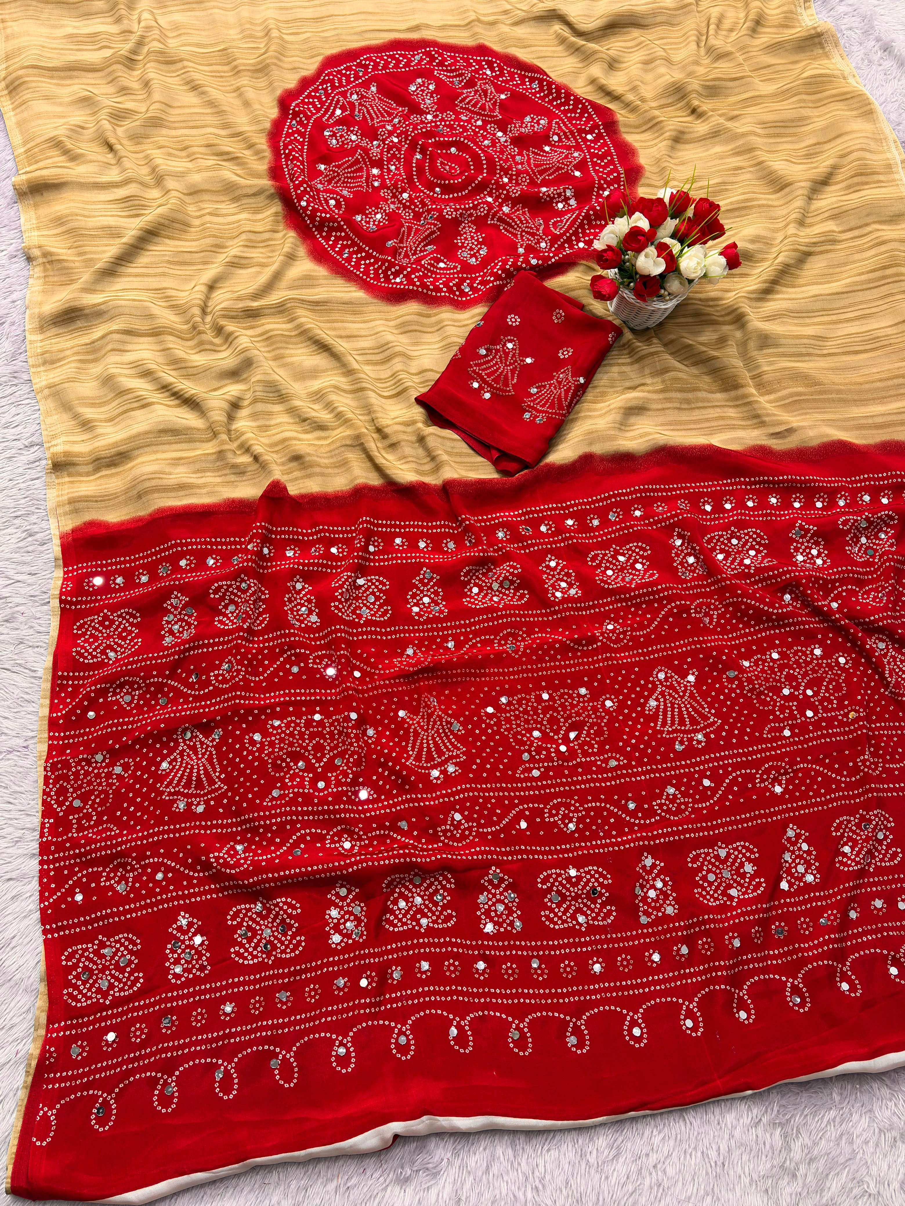 Premium Pure Gajji Soft Silk Ajrakh Bandhej Saree With Mirror Work