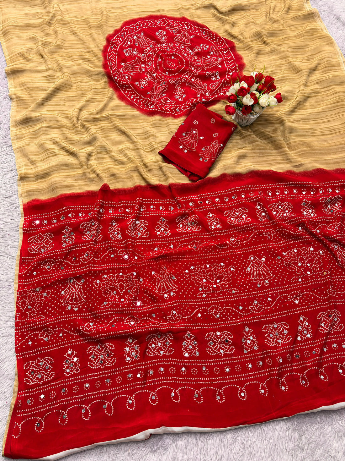 Premium Pure Gajji Soft Silk Ajrakh Bandhej Saree With Mirror Work