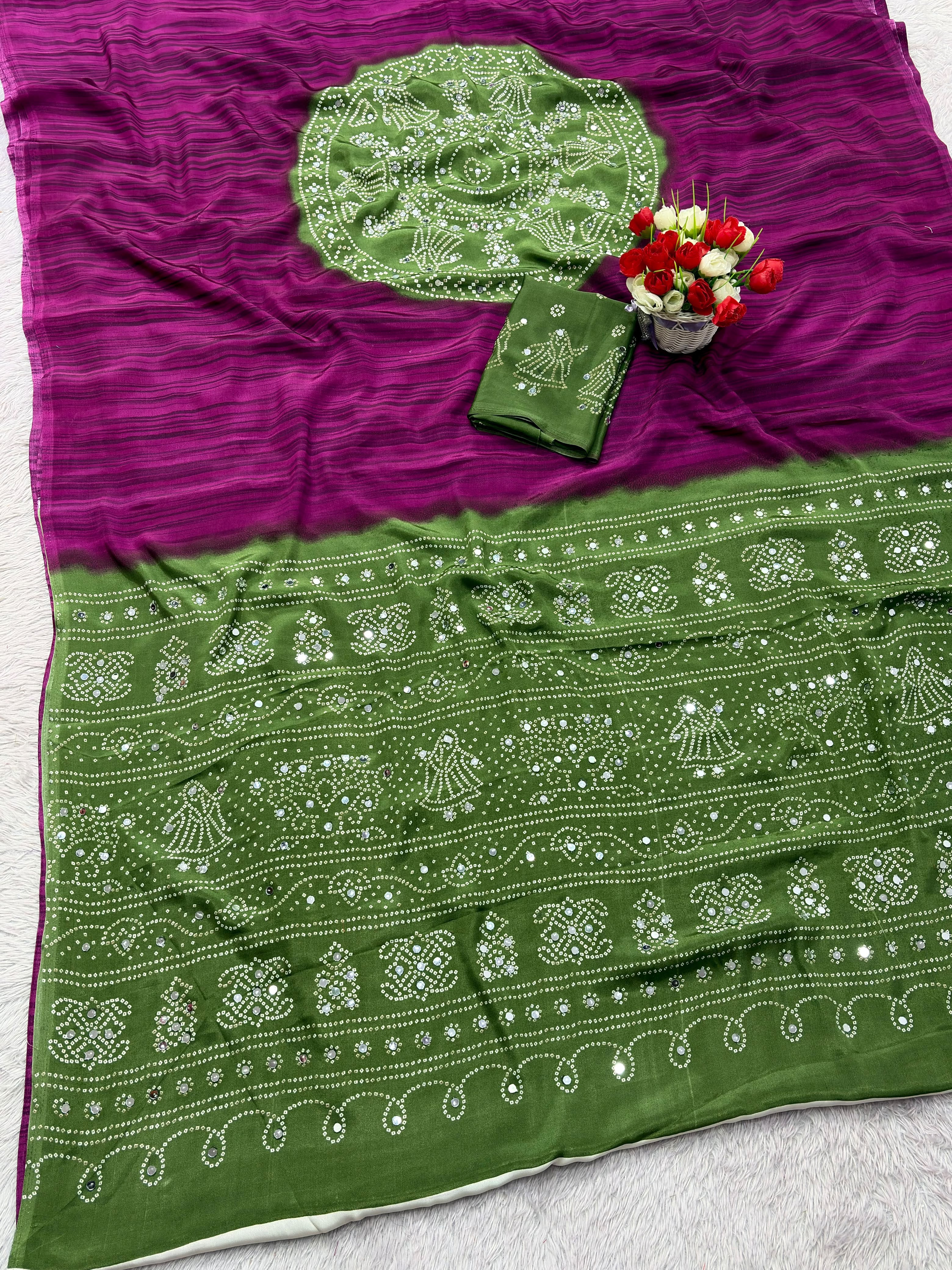 Premium Pure Gajji Soft Silk Ajrakh Bandhej Saree With Mirror Work