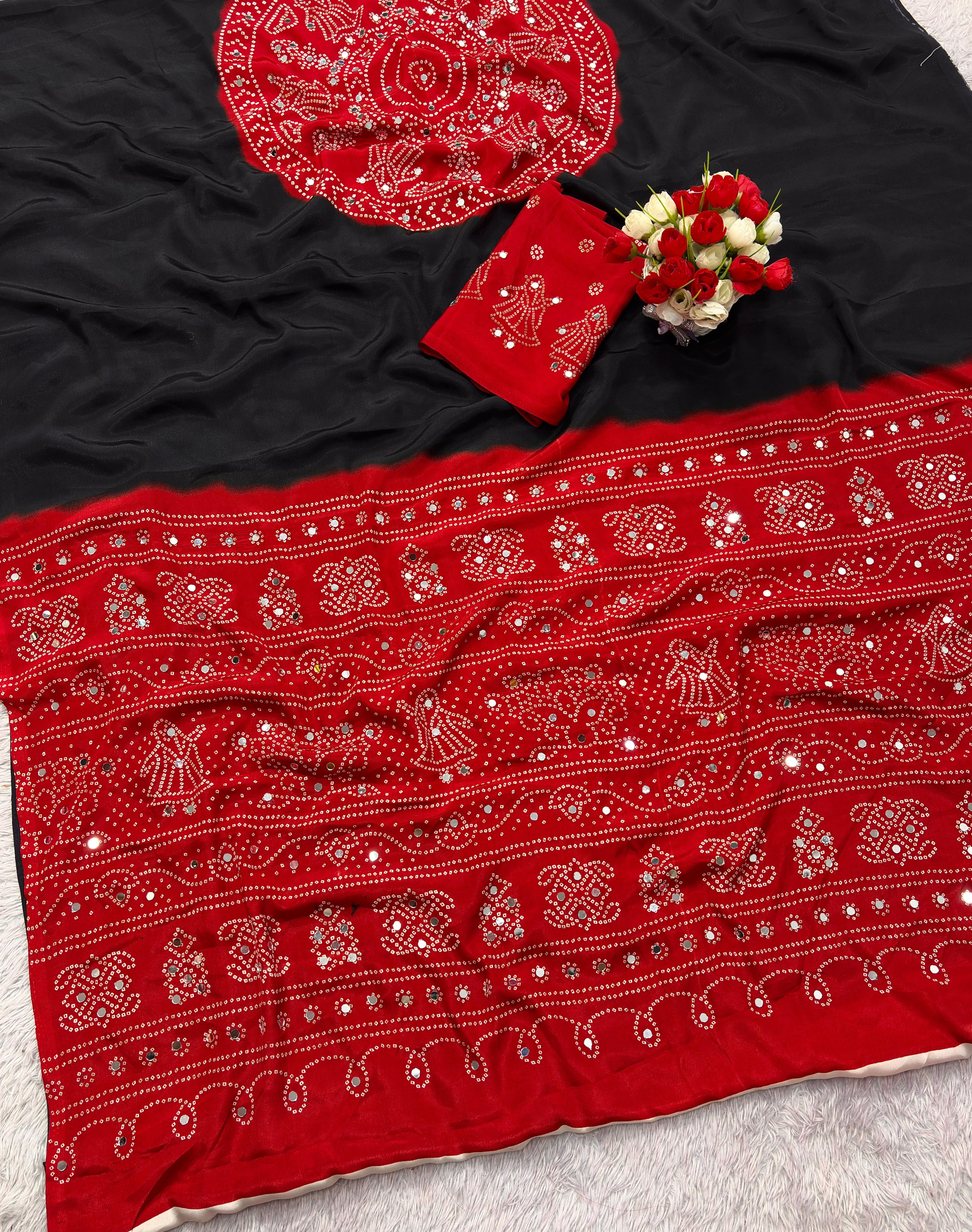 Premium Pure Gajji Soft Silk Ajrakh Bandhej Saree With Mirror Work