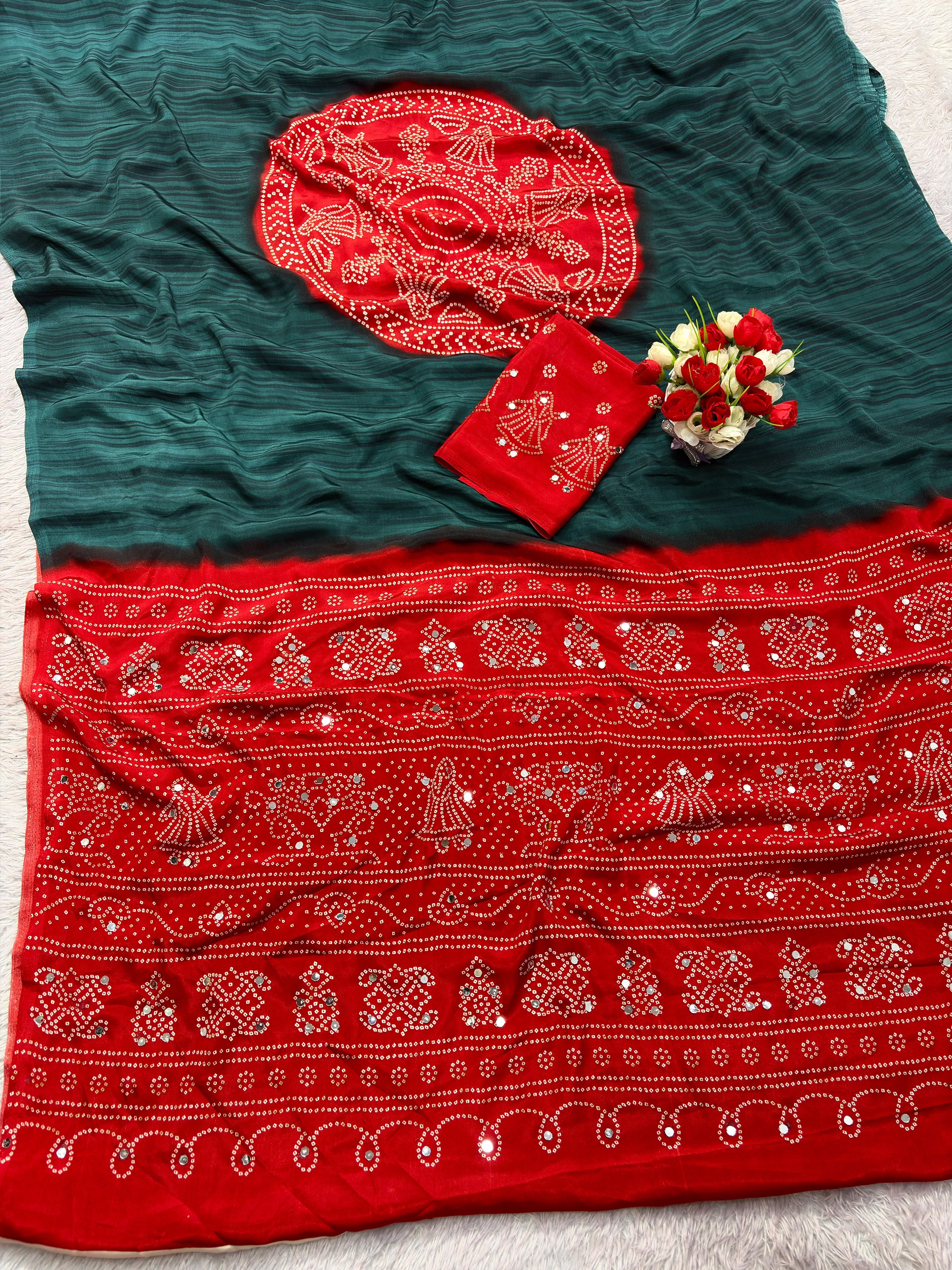 Premium Pure Gajji Soft Silk Ajrakh Bandhej Saree With Mirror Work