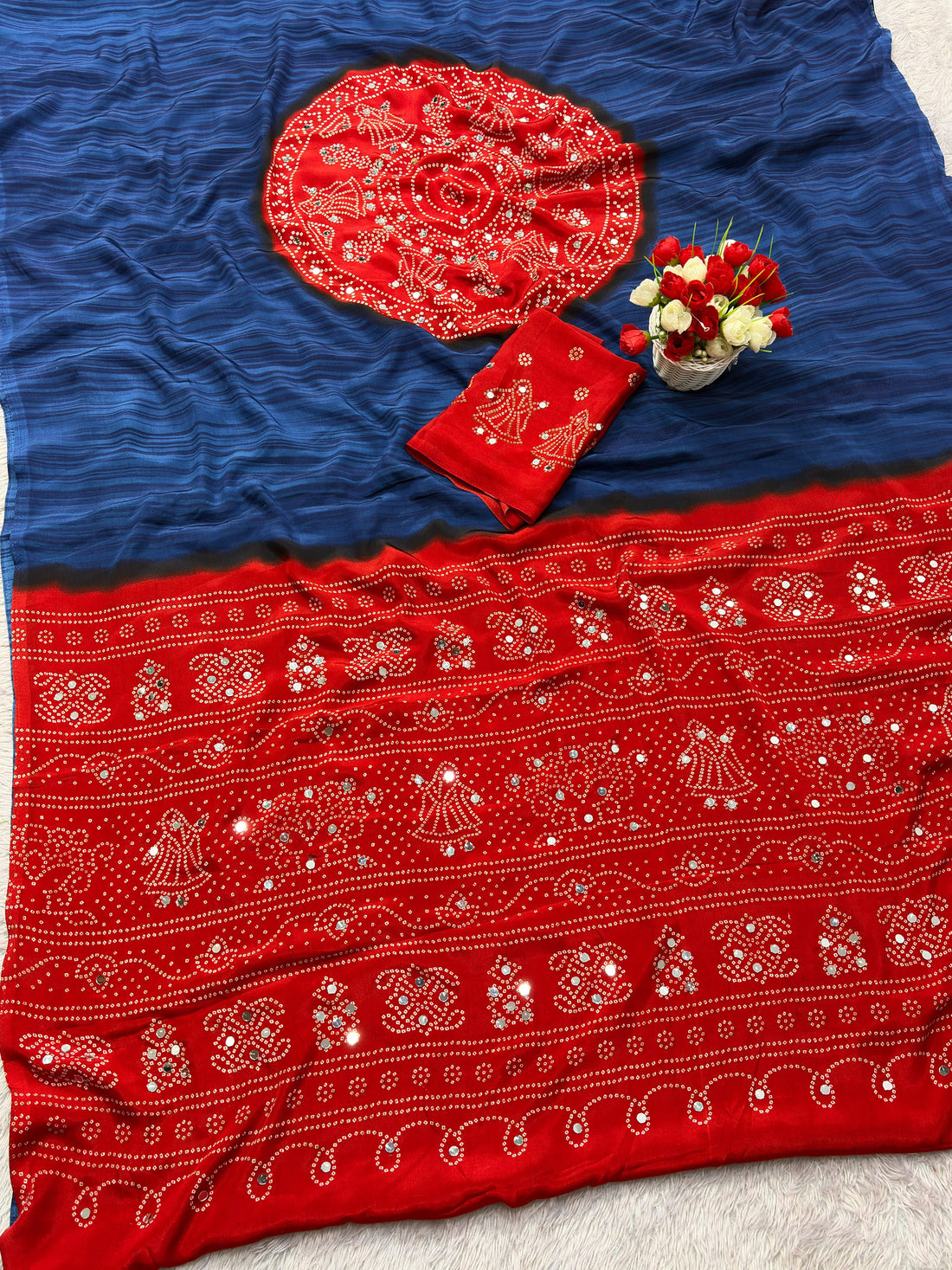 Premium Pure Gajji Soft Silk Ajrakh Bandhej Saree With Mirror Work
