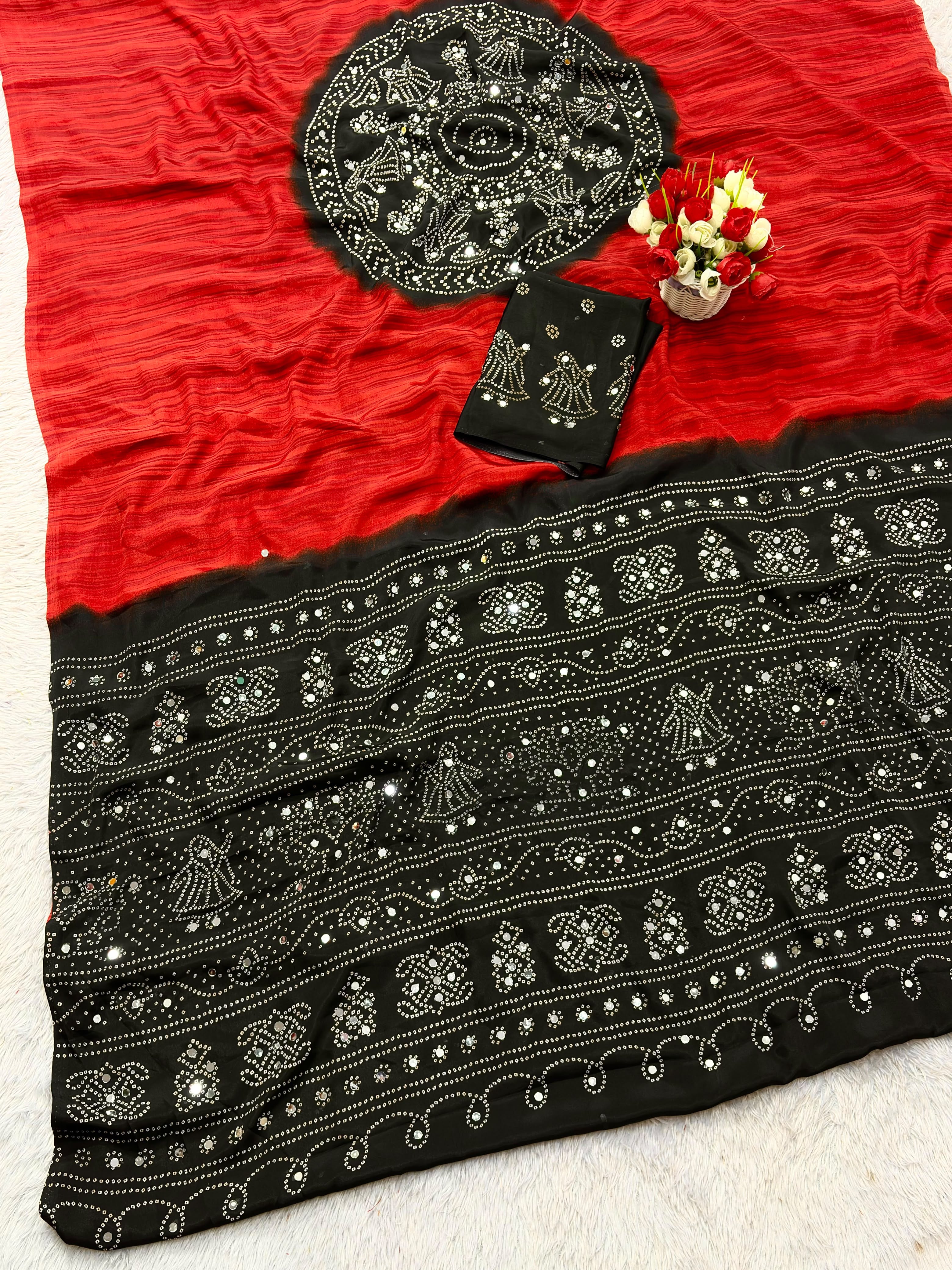 Premium Pure Gajji Soft Silk Ajrakh Bandhej Saree With Mirror Work