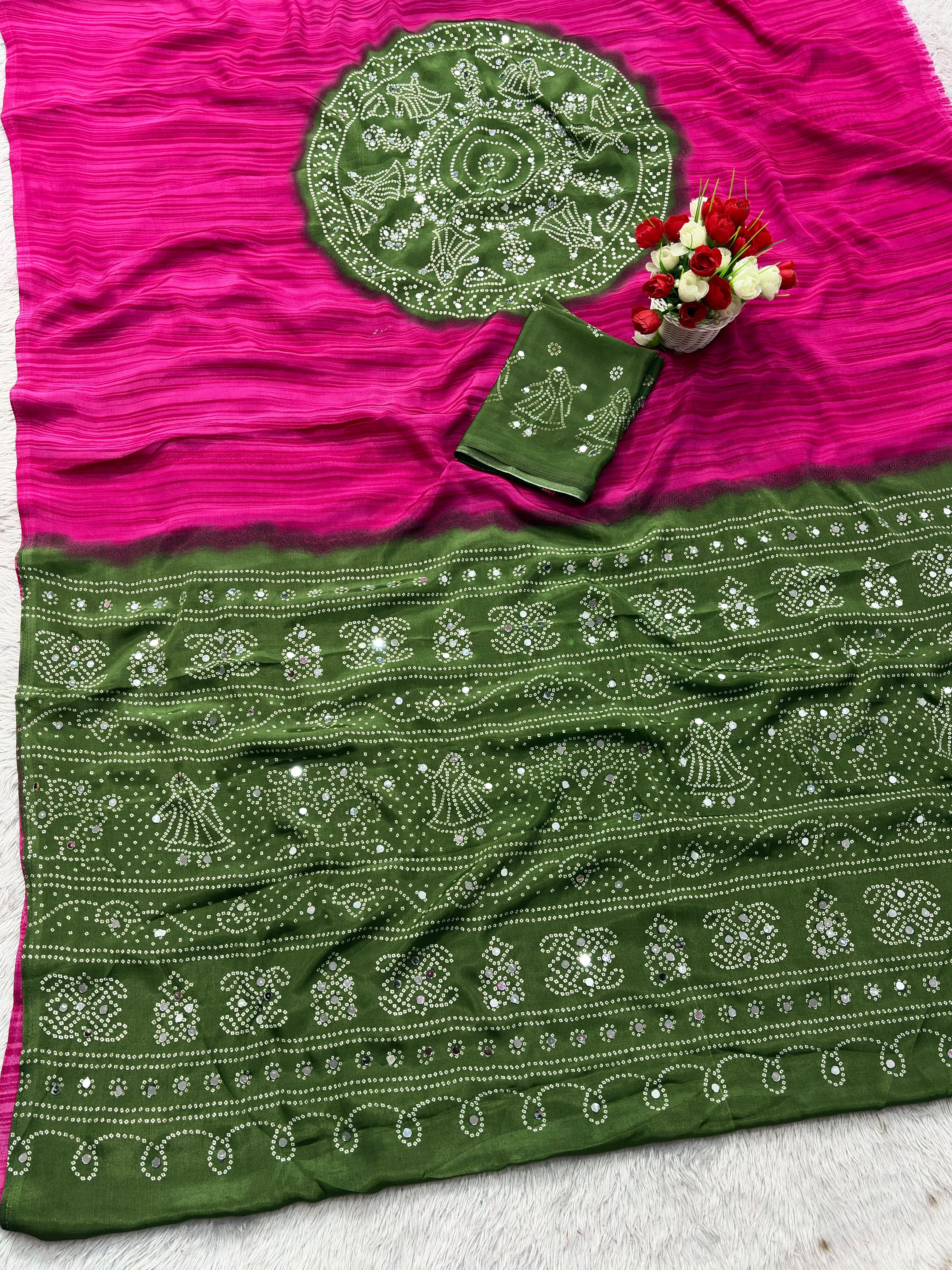 Premium Pure Gajji Soft Silk Ajrakh Bandhej Saree With Mirror Work