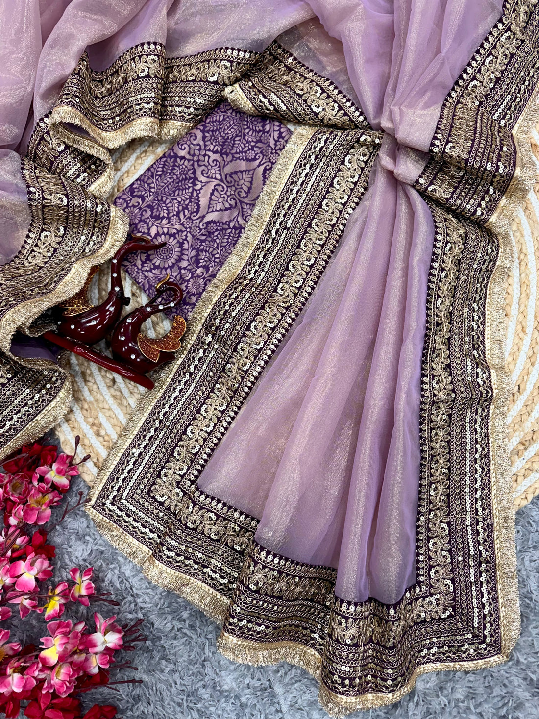 Premium Soft Twill Net Saree with Sequins & Dori Embroidery