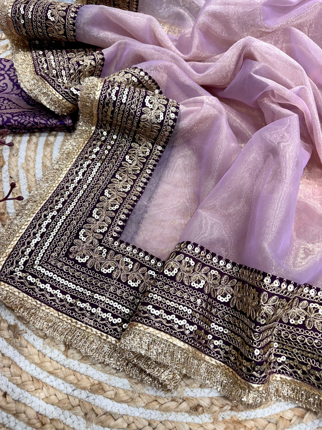 Premium Soft Twill Net Saree with Sequins & Dori Embroidery