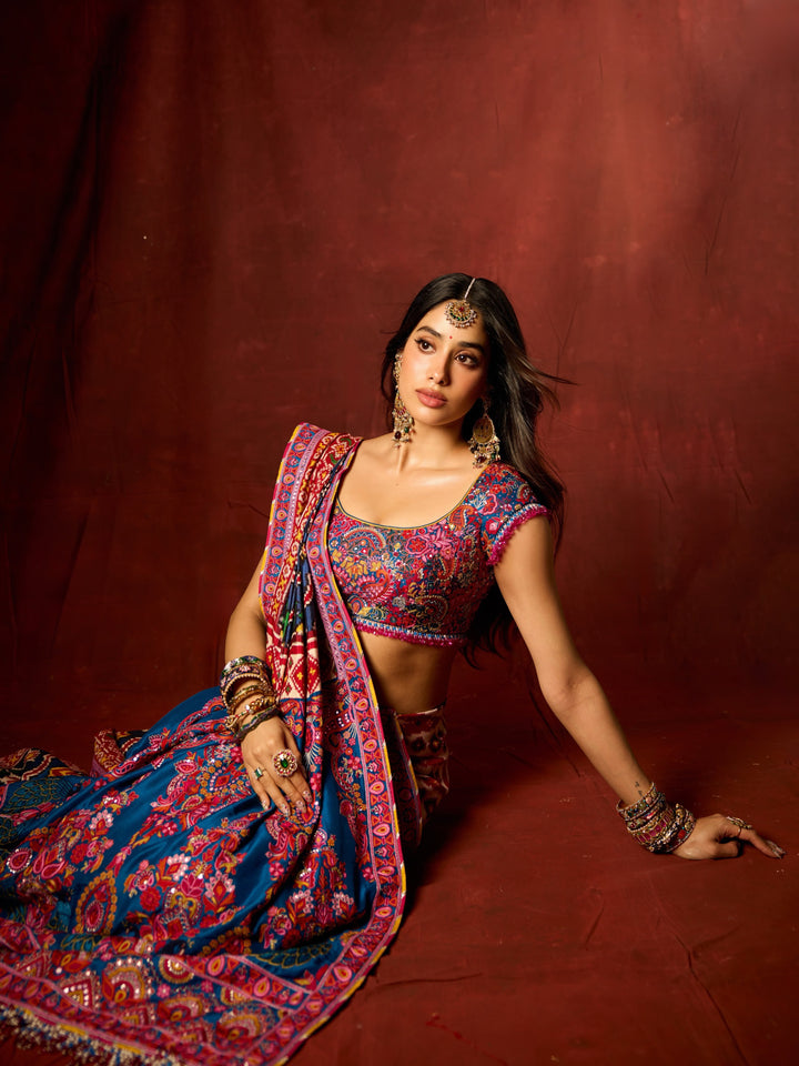 Premium Soft Chinnon Printed Saree With Gold Zari & Real Mirror Work