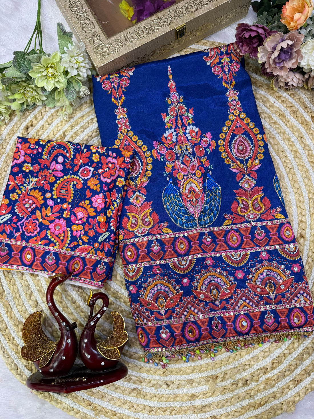 Premium Soft Chinnon Printed Saree With Gold Zari & Real Mirror Work