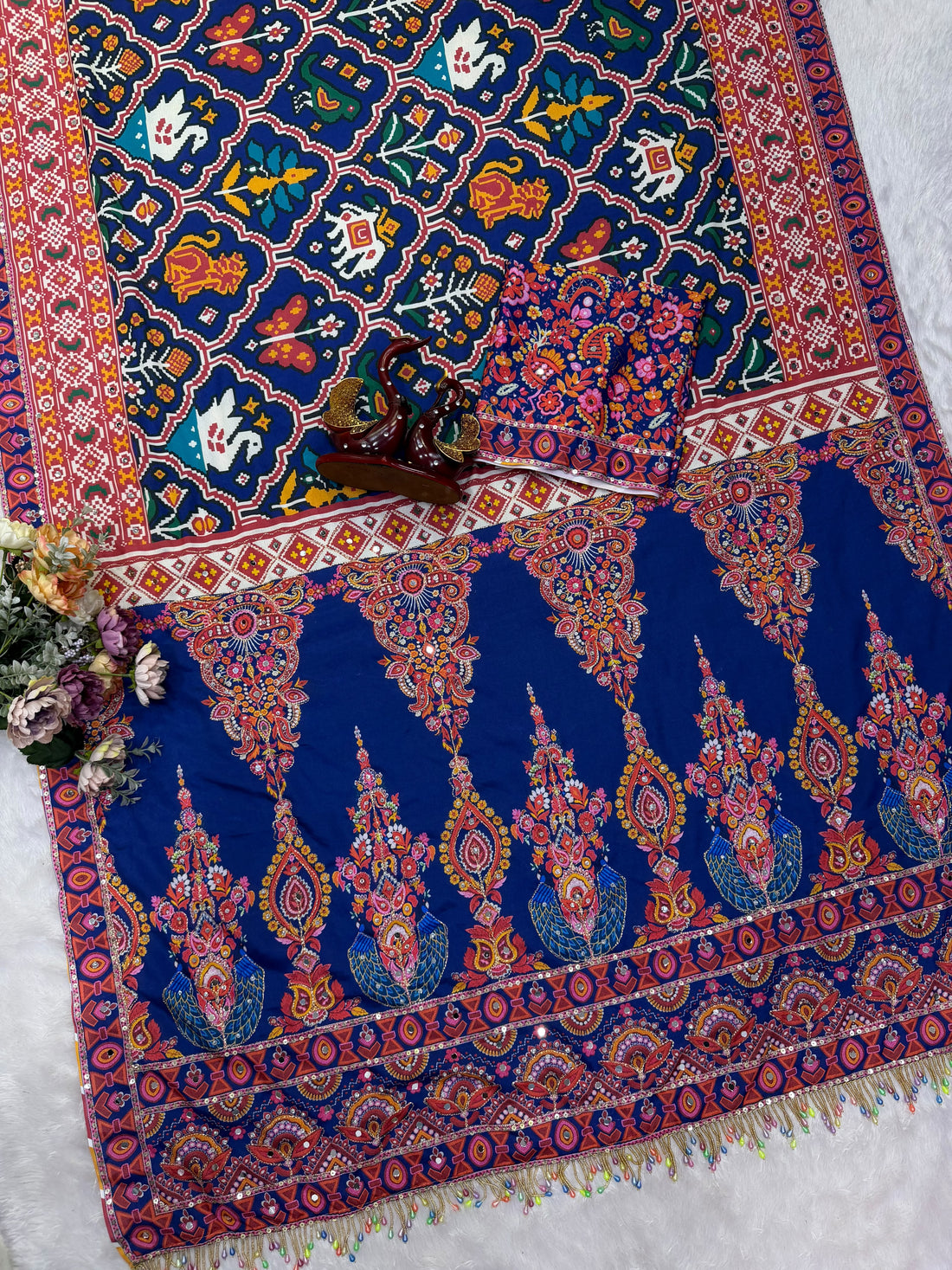 Premium Soft Chinnon Printed Saree With Gold Zari & Real Mirror Work