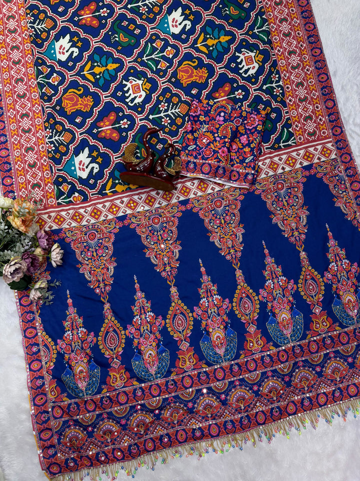 Premium Soft Chinnon Printed Saree With Gold Zari & Real Mirror Work