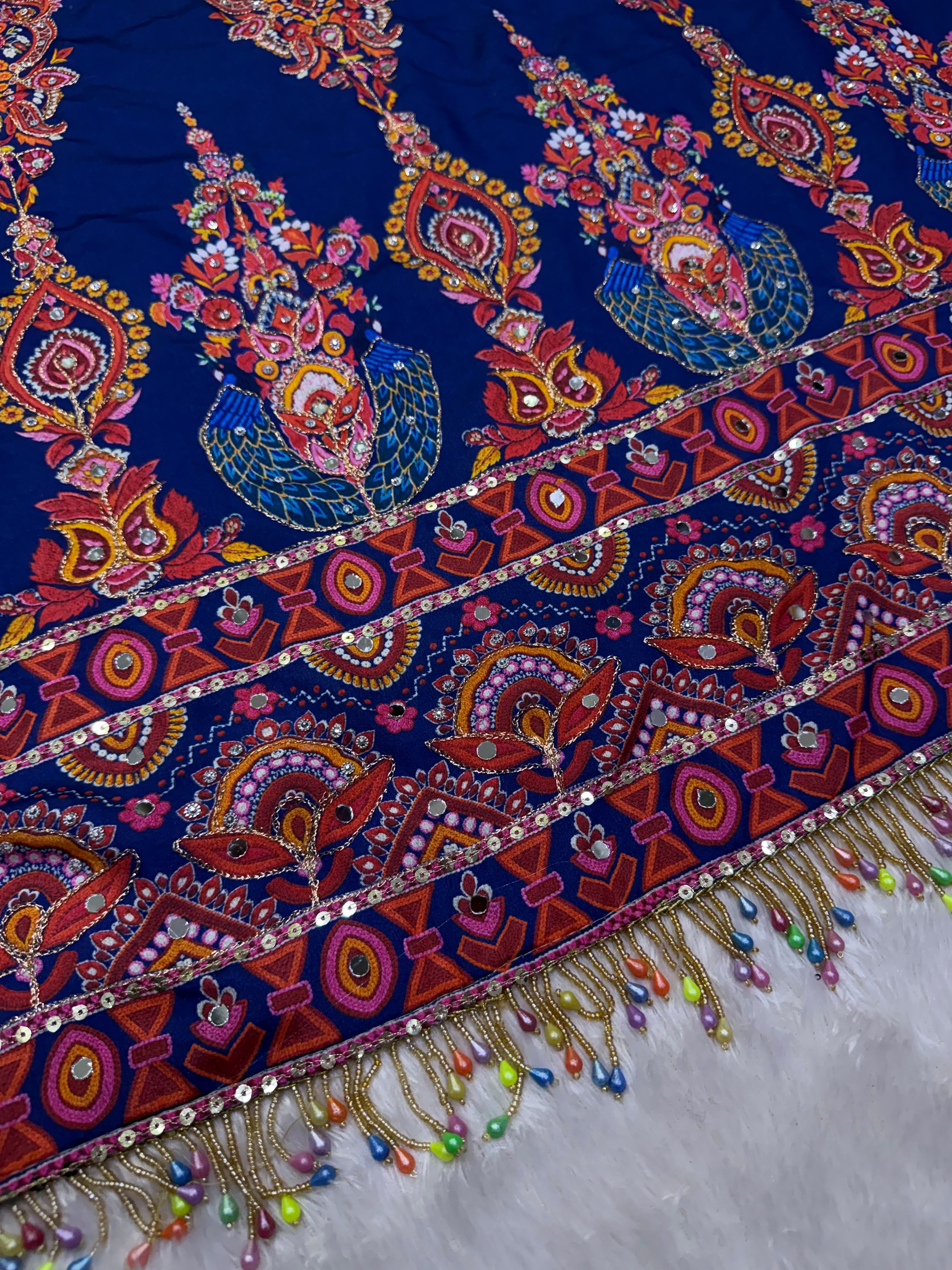 Premium Soft Chinnon Printed Saree With Gold Zari & Real Mirror Work