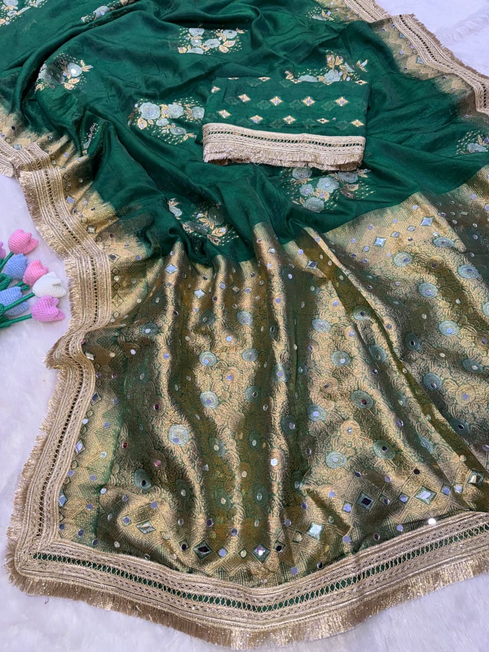Luxury Soft Banarasi Jacquard Silk Saree With Real Mirror Detailing