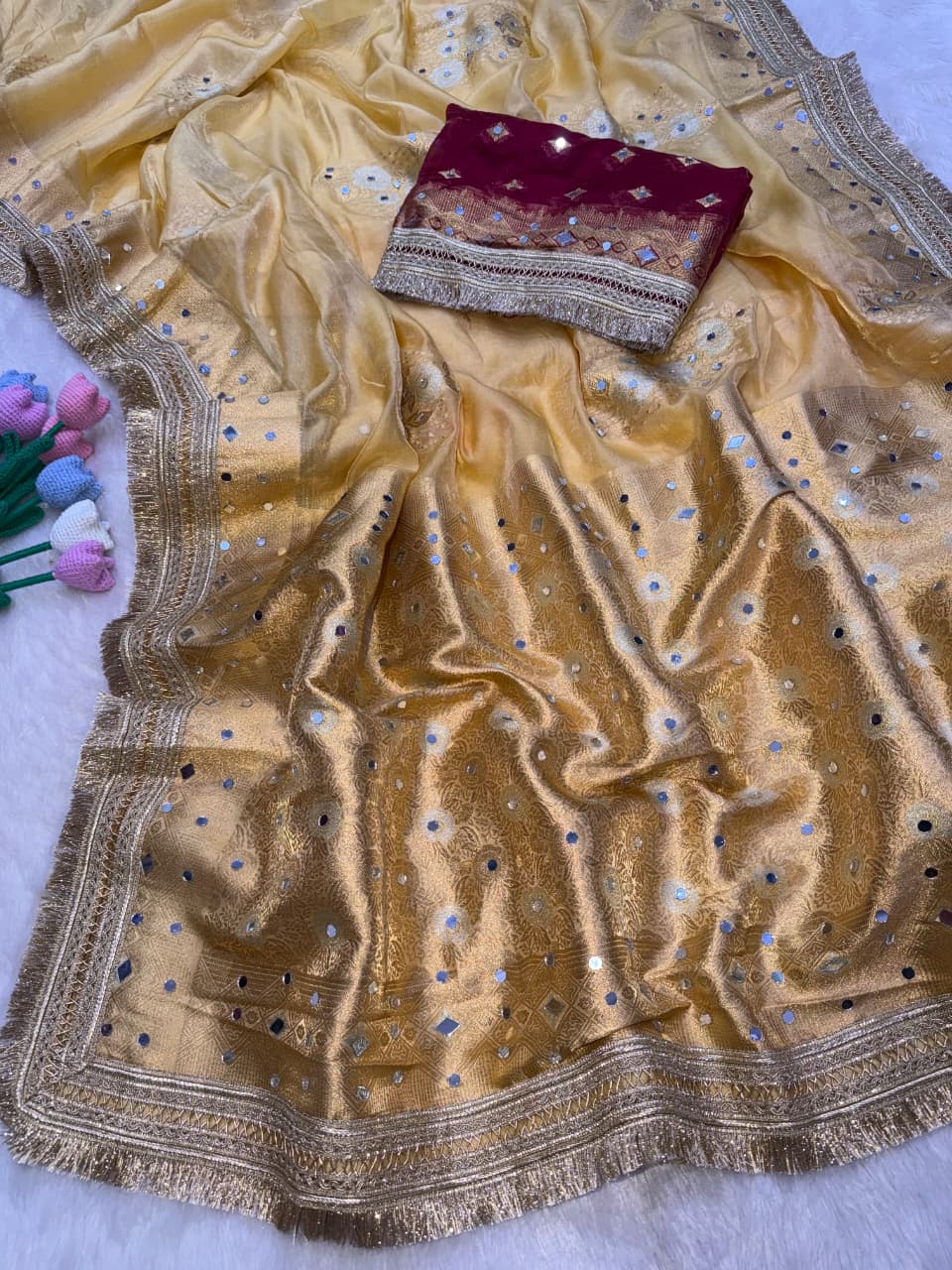 Luxury Soft Banarasi Jacquard Silk Saree With Real Mirror Detailing