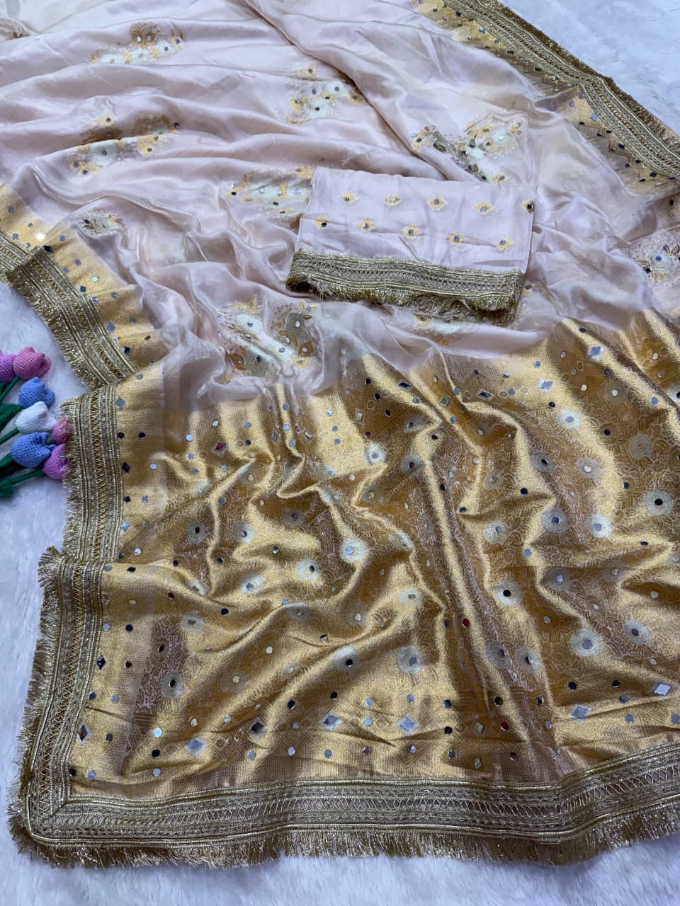 Luxury Soft Banarasi Jacquard Silk Saree With Real Mirror Detailing