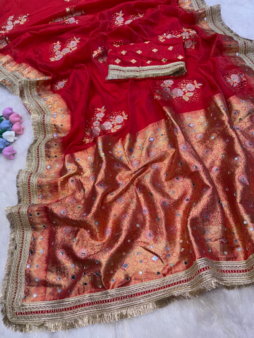 Luxury Soft Banarasi Jacquard Silk Saree With Real Mirror Detailing