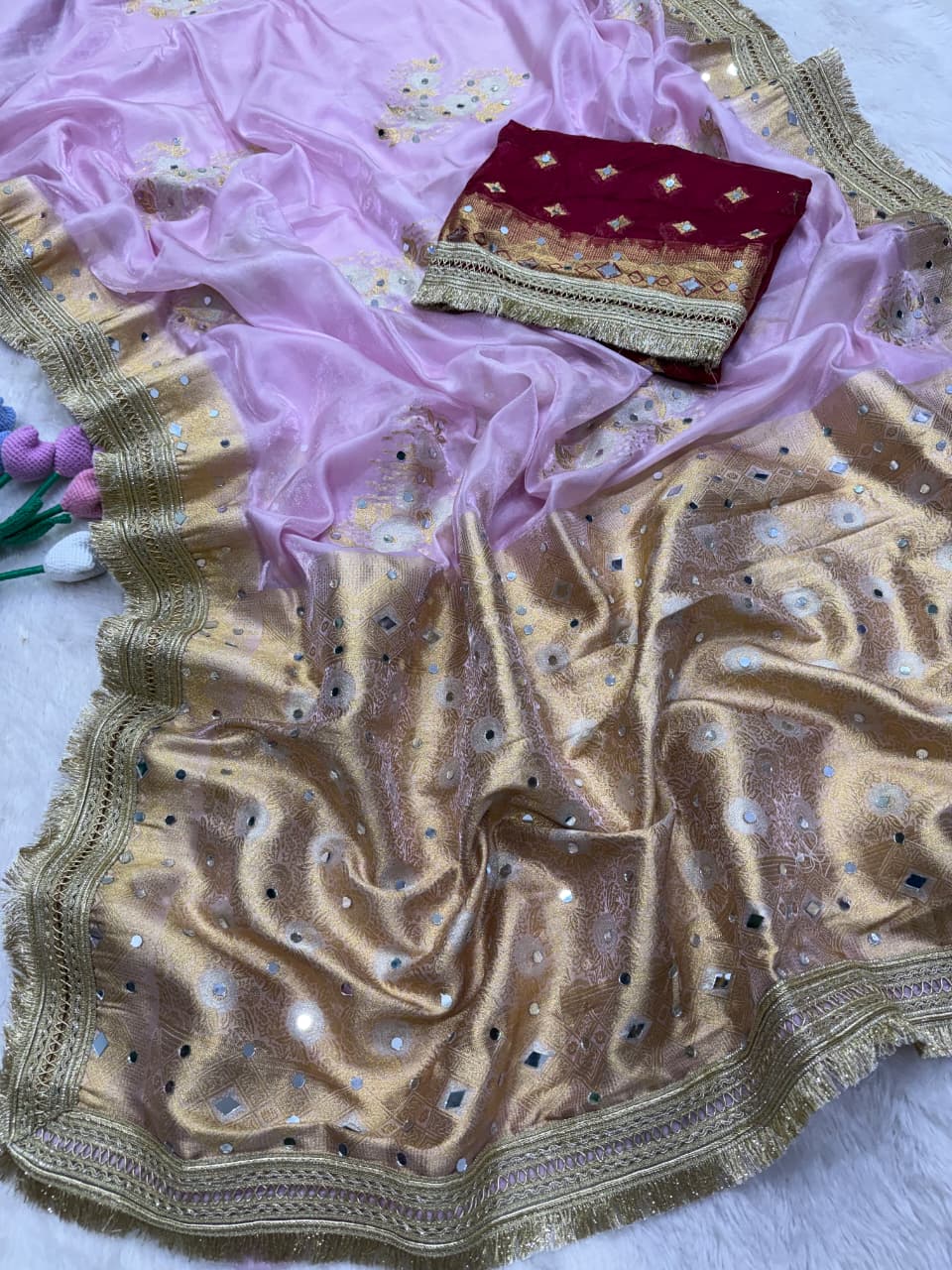 Luxury Soft Banarasi Jacquard Silk Saree With Real Mirror Detailing
