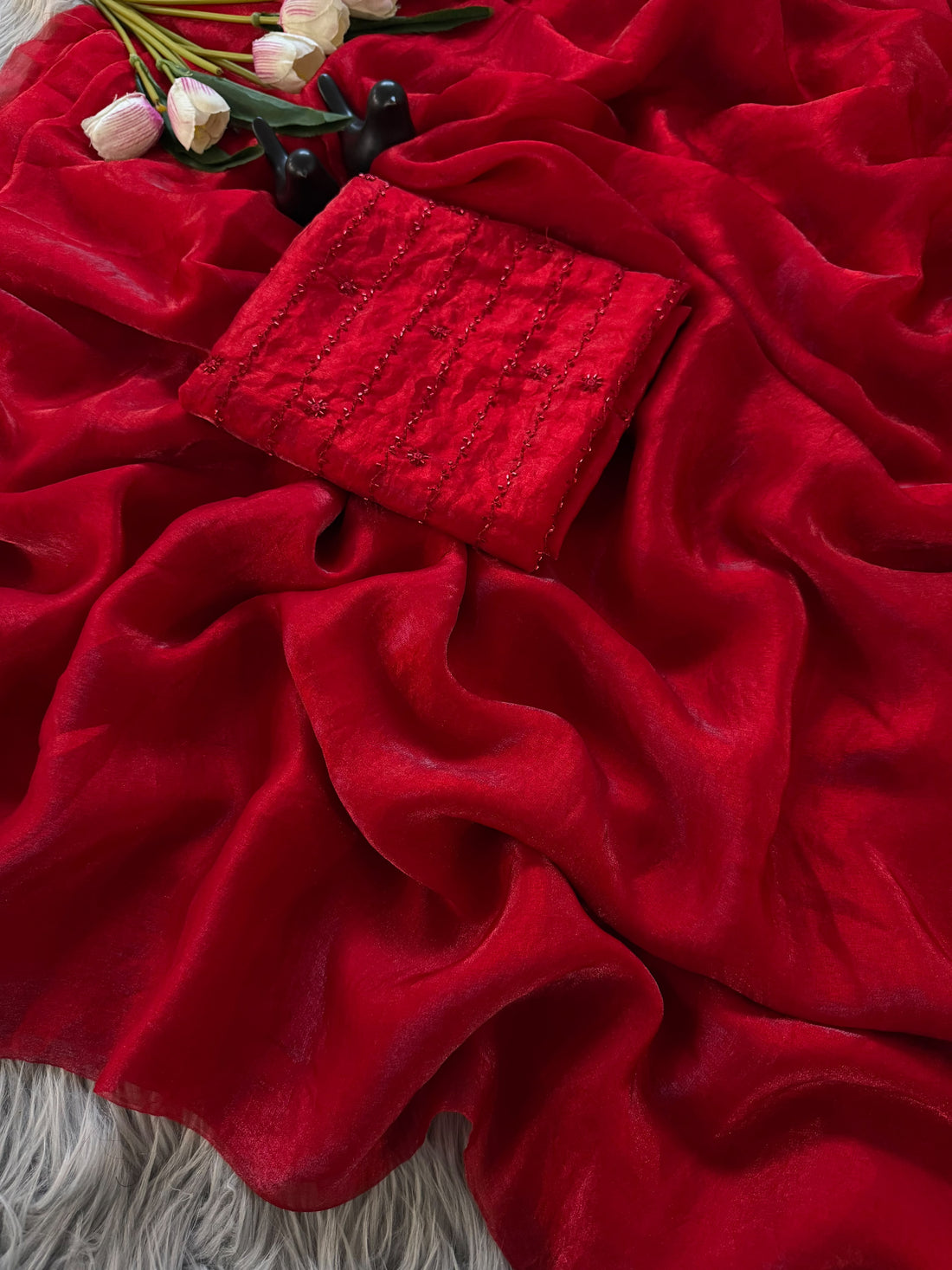 Premium Two-Tone Fendy Satin Designer Saree With Beads Work Blouse