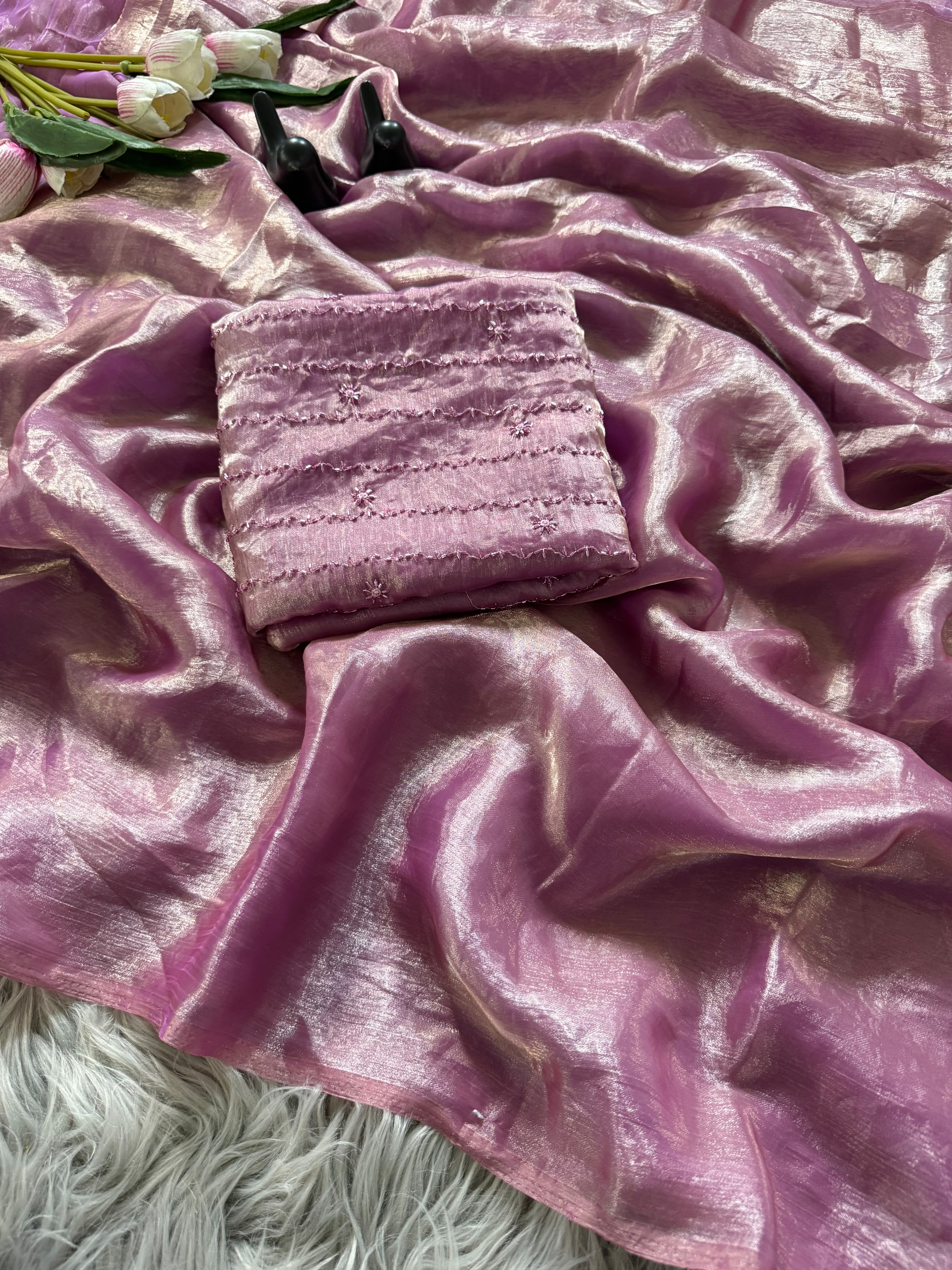 Premium Two-Tone Fendy Satin Designer Saree With Beads Work Blouse