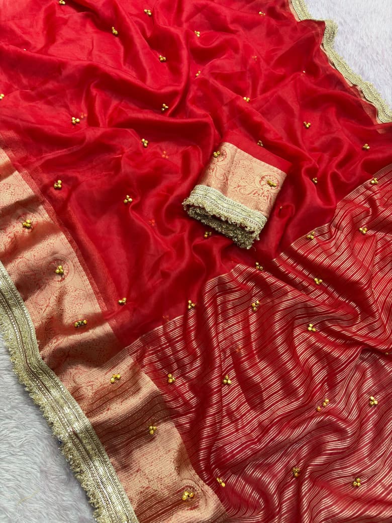 Premium Organza Silk Ghungroo Saree With Banarasi Border & Embroidery Lace Work