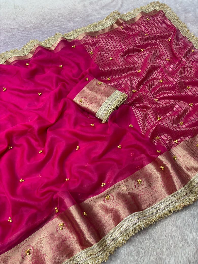 Premium Organza Silk Ghungroo Saree With Banarasi Border & Embroidery Lace Work