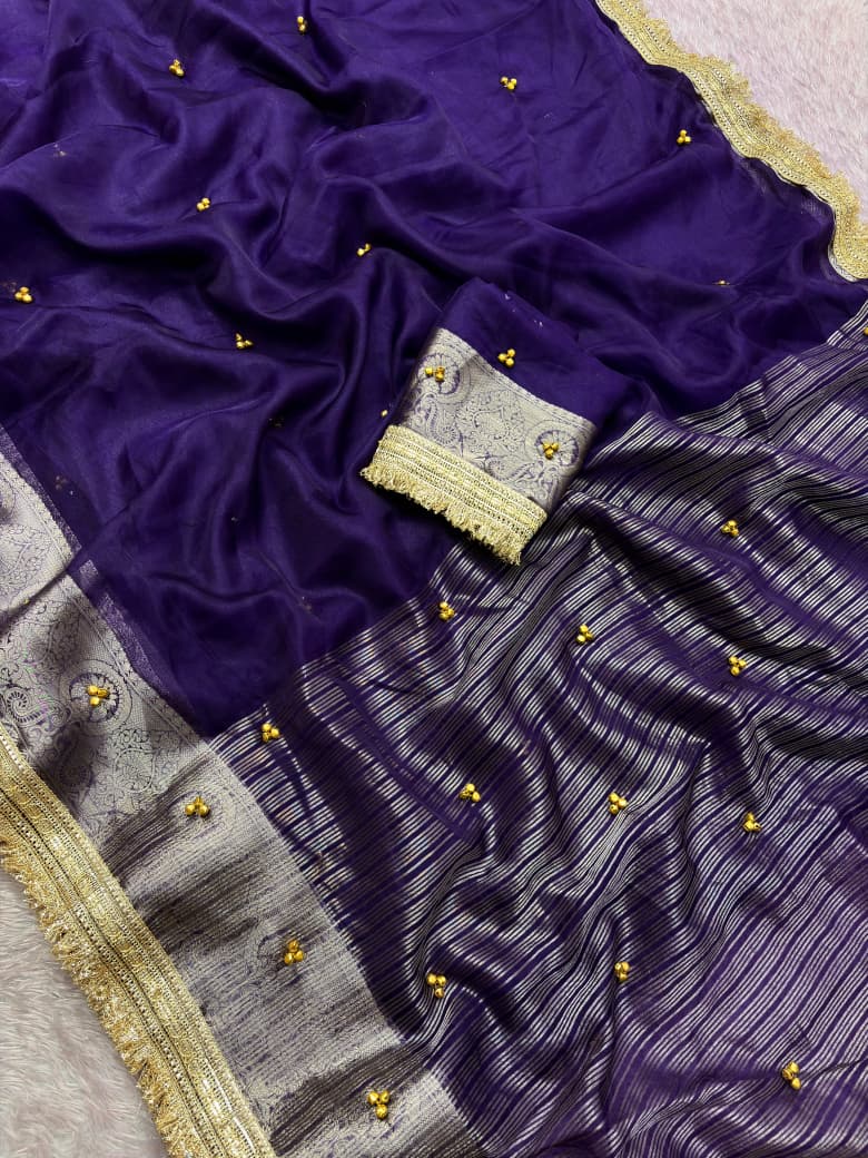Premium Organza Silk Ghungroo Saree With Banarasi Border & Embroidery Lace Work