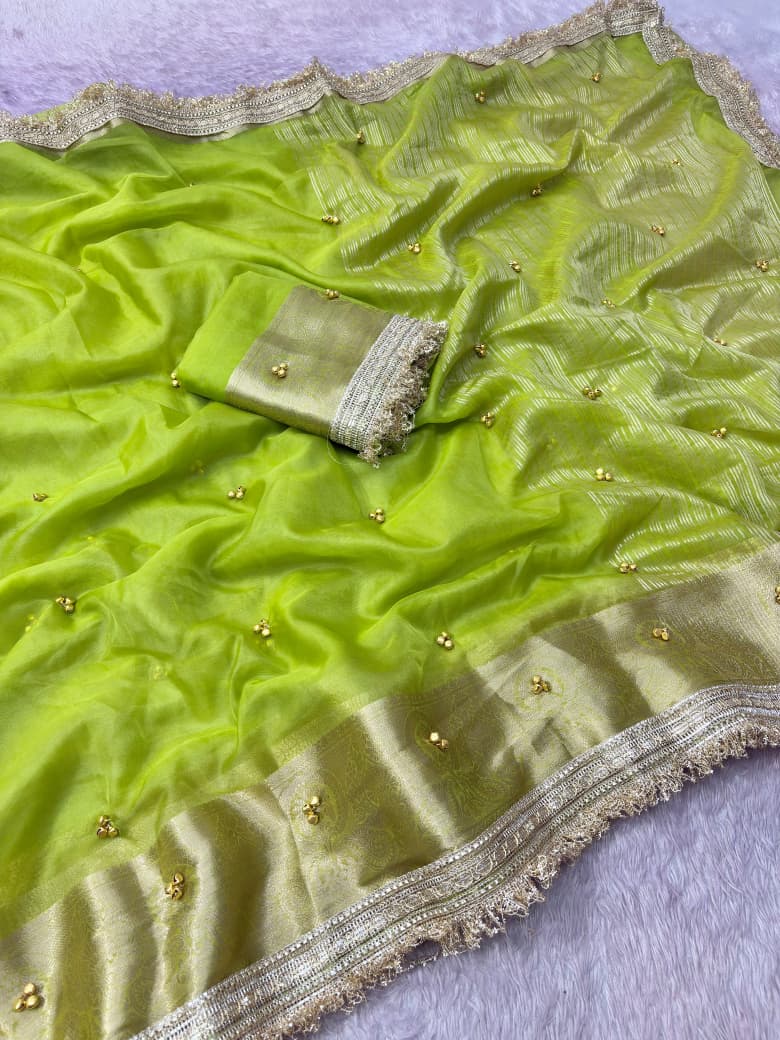 Premium Organza Silk Ghungroo Saree With Banarasi Border & Embroidery Lace Work