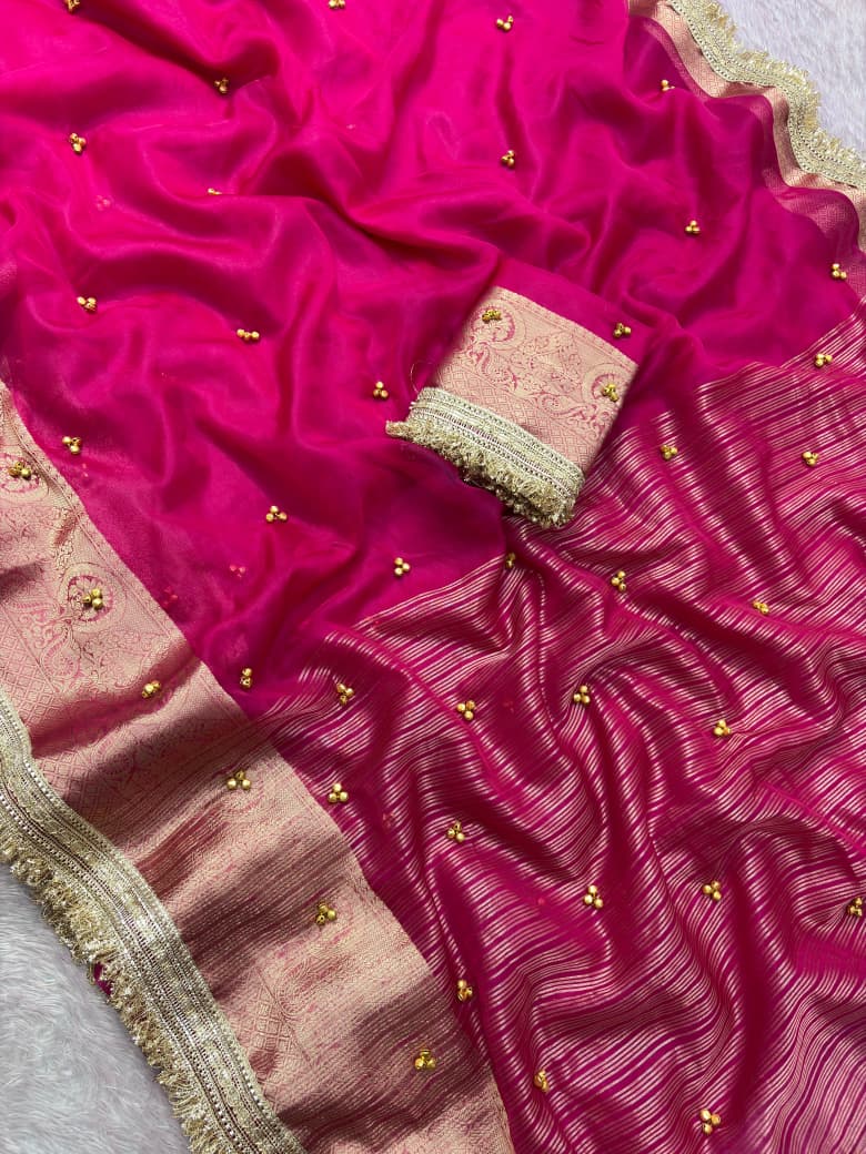 Premium Organza Silk Ghungroo Saree With Banarasi Border & Embroidery Lace Work