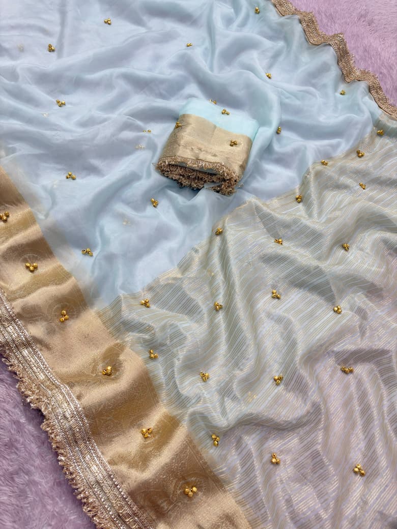Premium Organza Silk Ghungroo Saree With Banarasi Border & Embroidery Lace Work