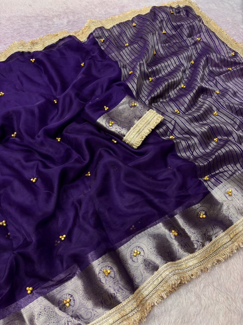 Premium Organza Silk Ghungroo Saree With Banarasi Border & Embroidery Lace Work