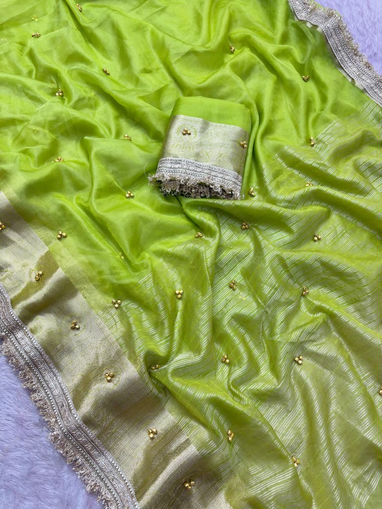 Premium Organza Silk Ghungroo Saree With Banarasi Border & Embroidery Lace Work