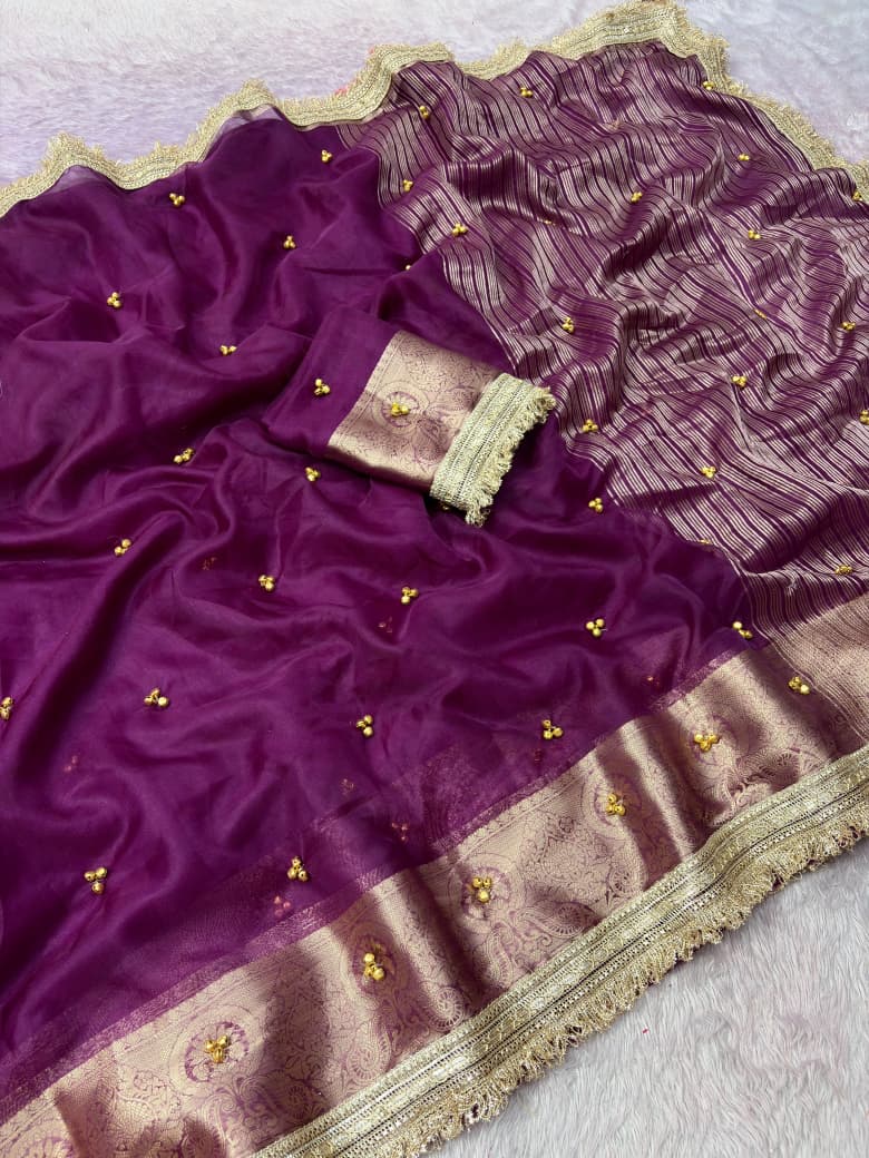 Premium Organza Silk Ghungroo Saree With Banarasi Border & Embroidery Lace Work