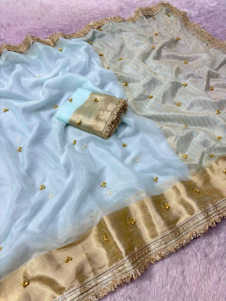 Premium Organza Silk Ghungroo Saree With Banarasi Border & Embroidery Lace Work