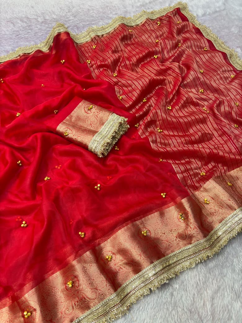 Premium Organza Silk Ghungroo Saree With Banarasi Border & Embroidery Lace Work