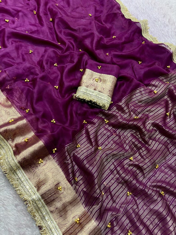 Premium Organza Silk Ghungroo Saree With Banarasi Border & Embroidery Lace Work