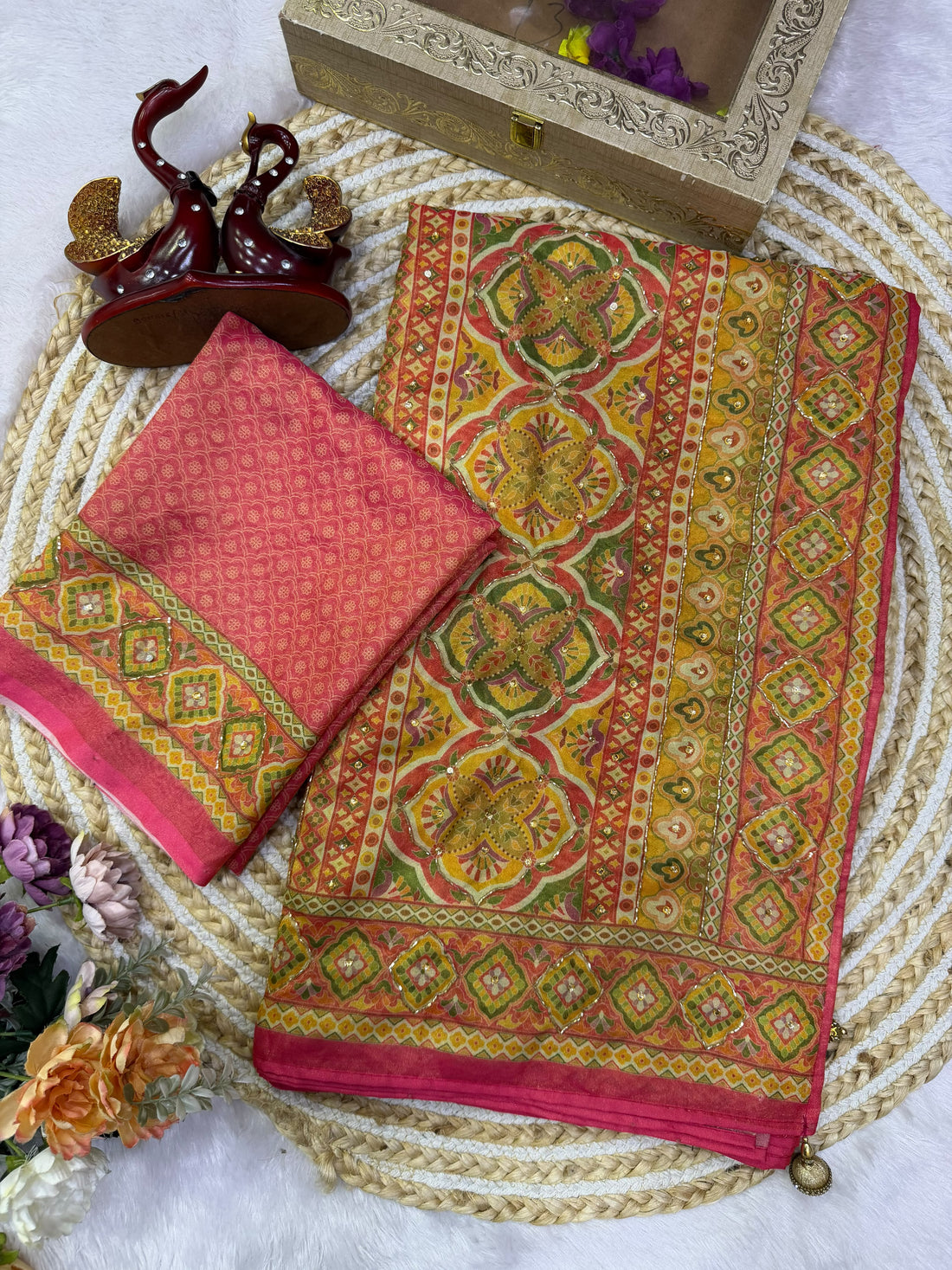 Premium Soft Chosmo Silk Printed Saree With Katdana & Diamond Work