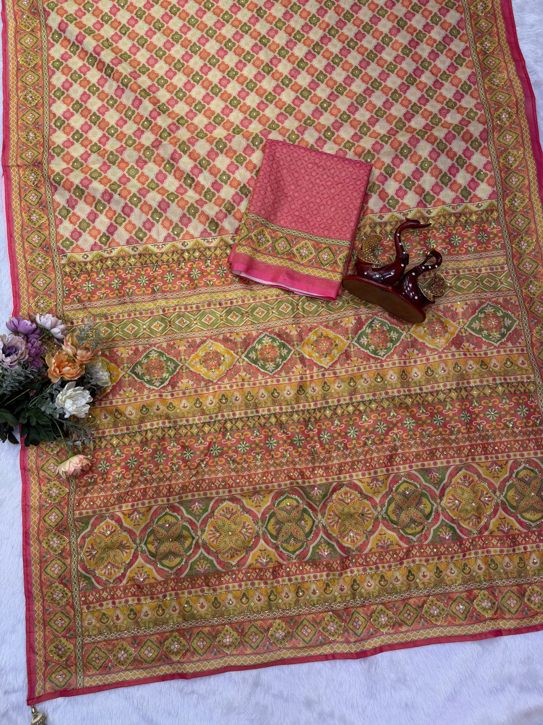 Premium Soft Chosmo Silk Printed Saree With Katdana & Diamond Work