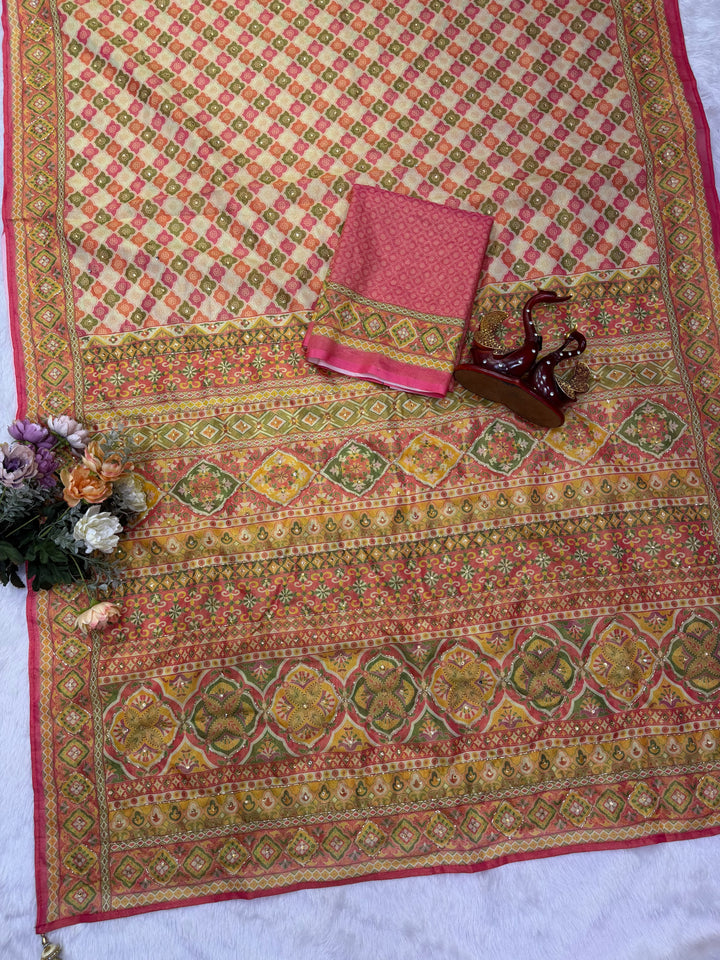 Premium Soft Chosmo Silk Printed Saree With Katdana & Diamond Work