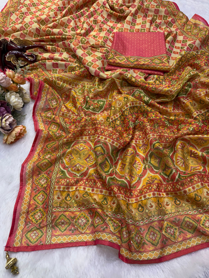 Premium Soft Chosmo Silk Printed Saree With Katdana & Diamond Work