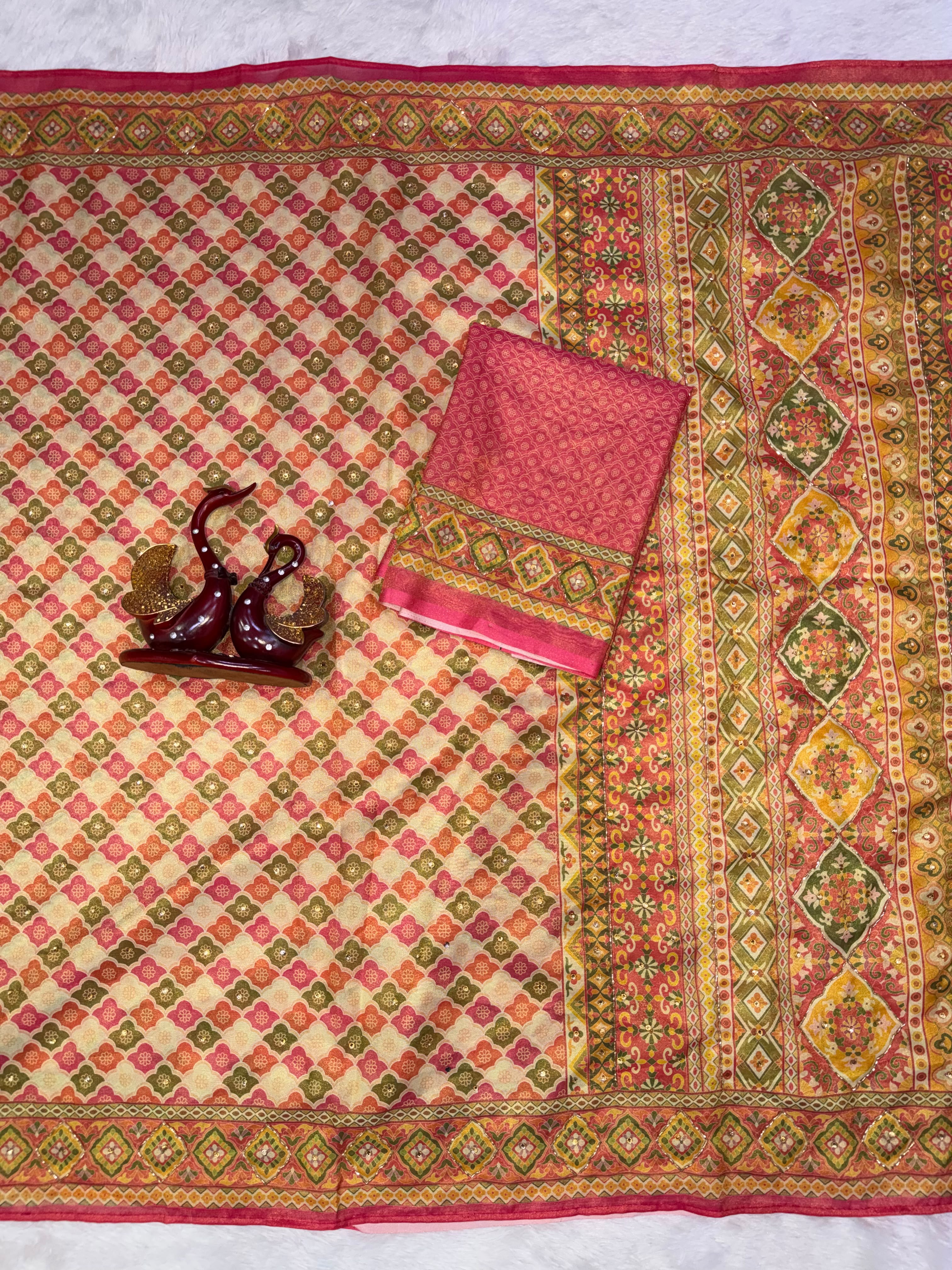 Premium Soft Chosmo Silk Printed Saree With Katdana & Diamond Work