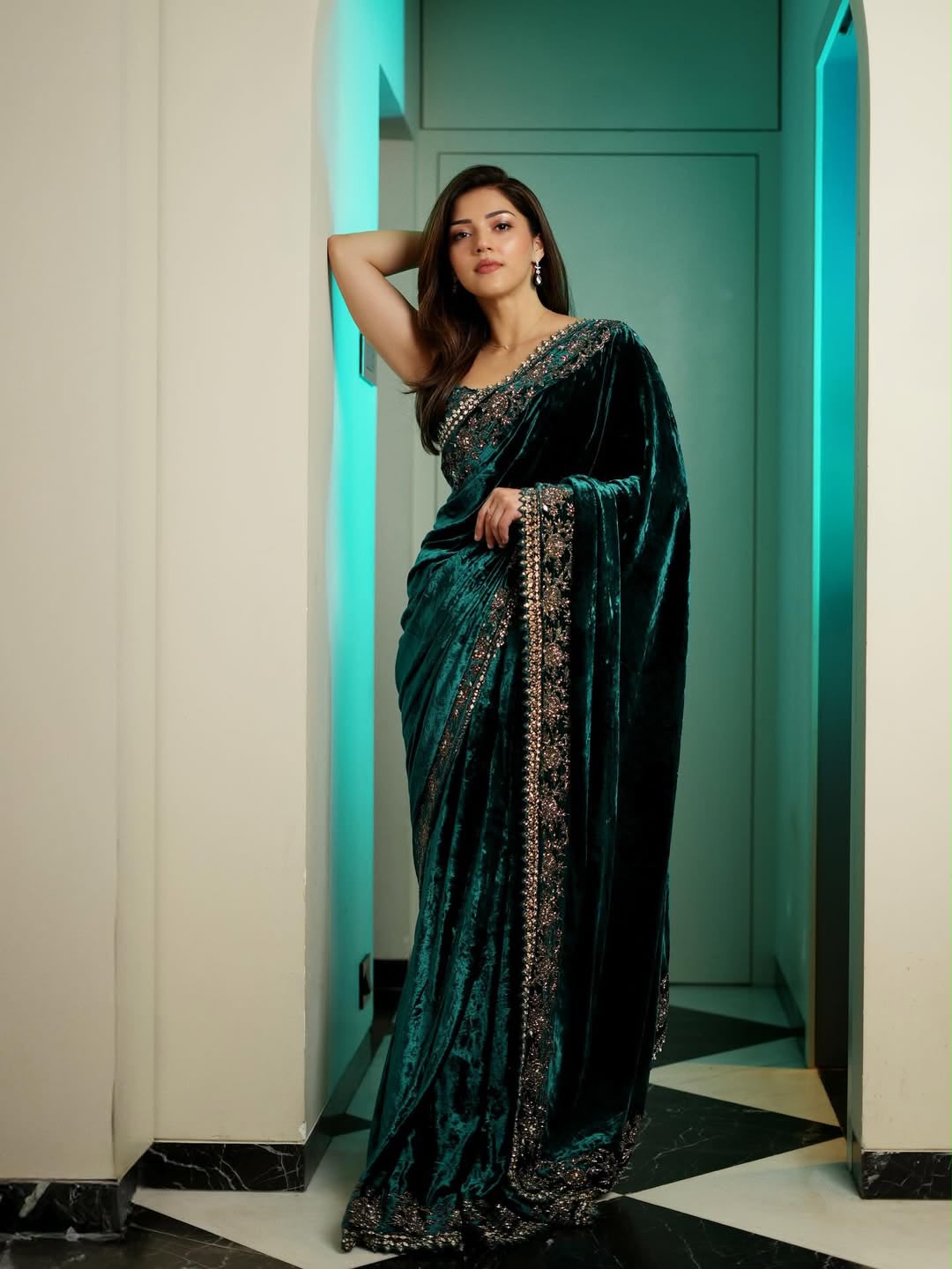 Premium Viscose Velvet Designer Saree With Sequins & Jari Dori Work