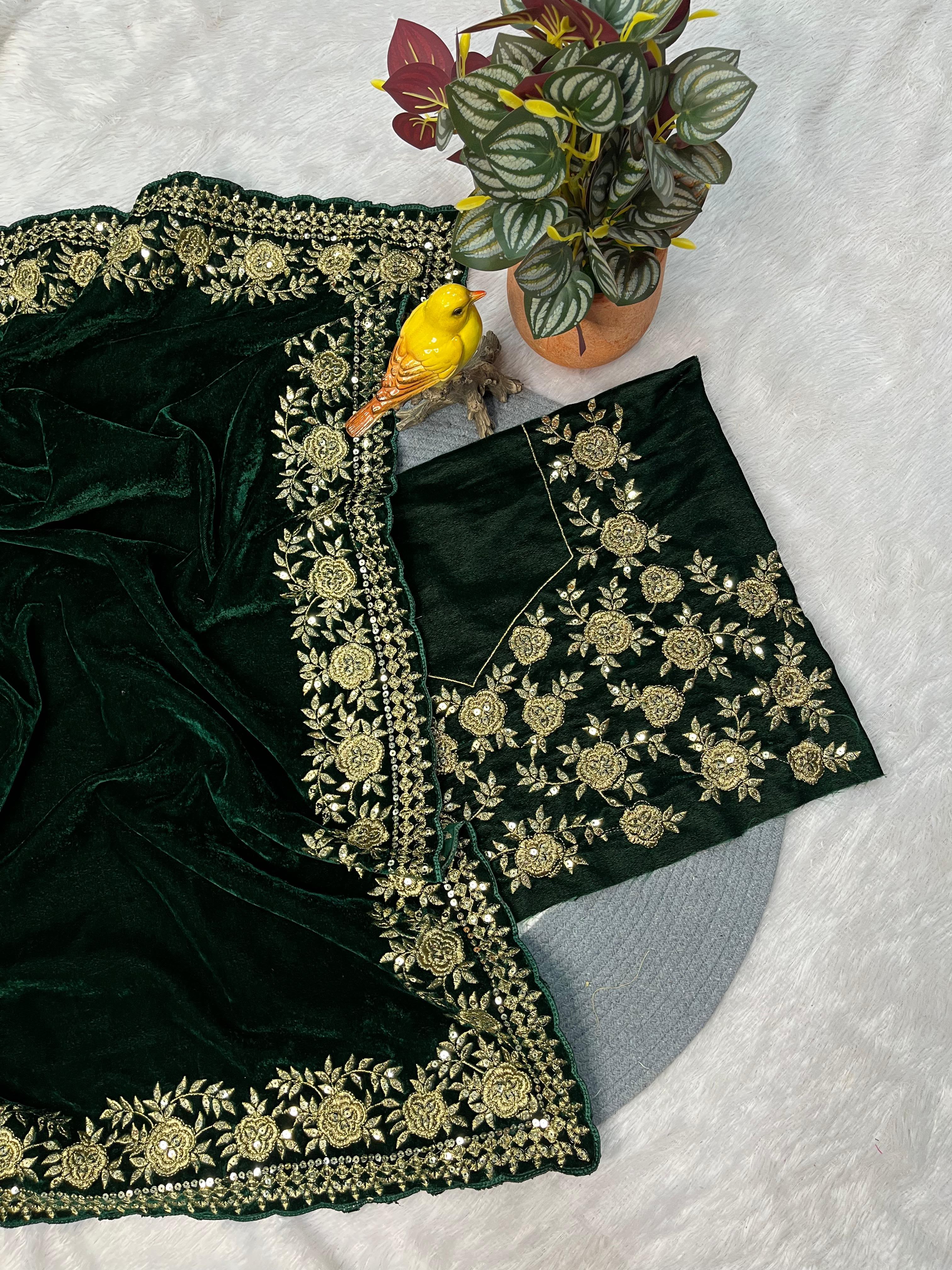 Premium Viscose Velvet Designer Saree With Sequins & Jari Dori Work