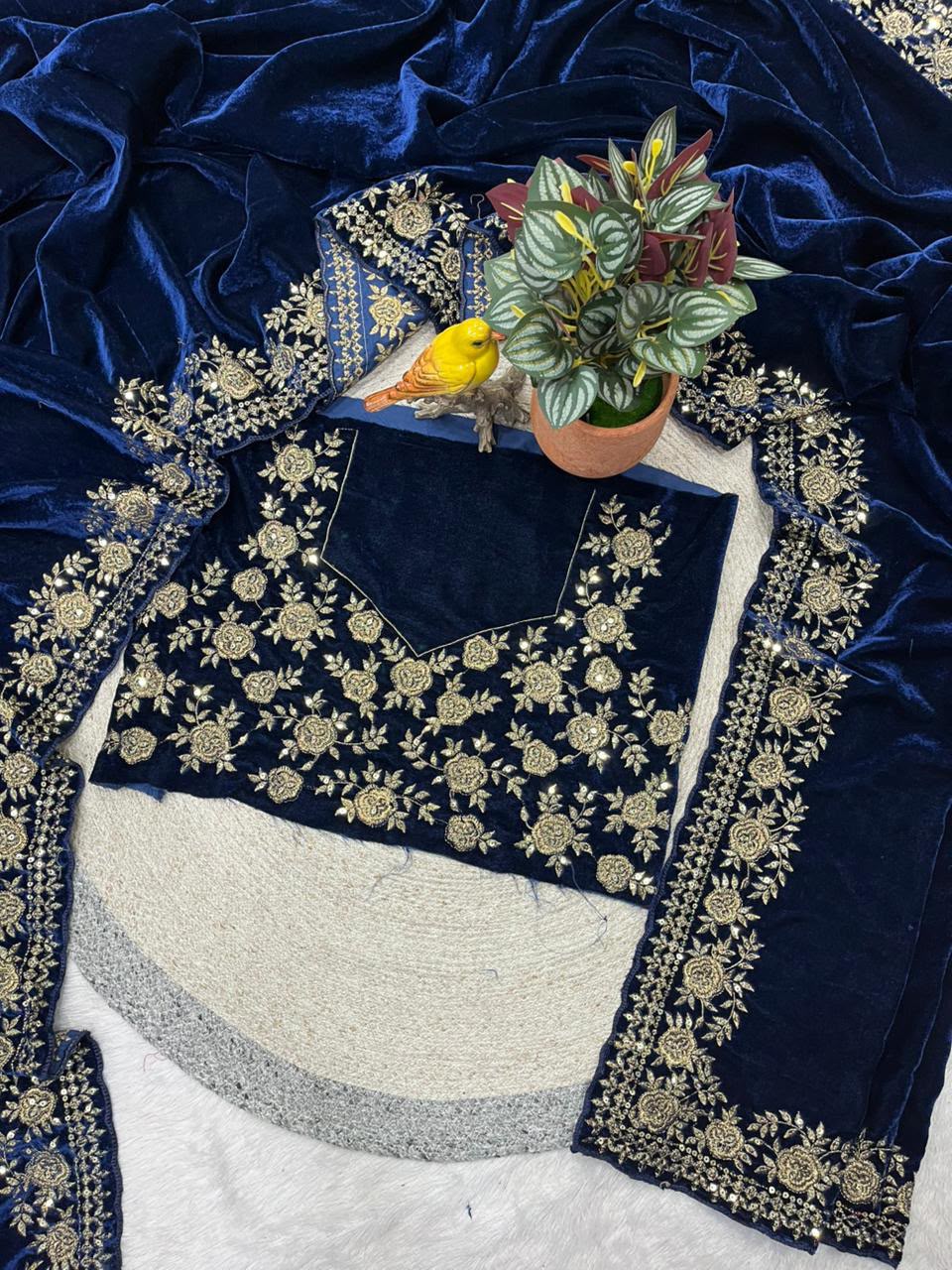 Premium Viscose Velvet Designer Saree With Sequins & Jari Dori Work