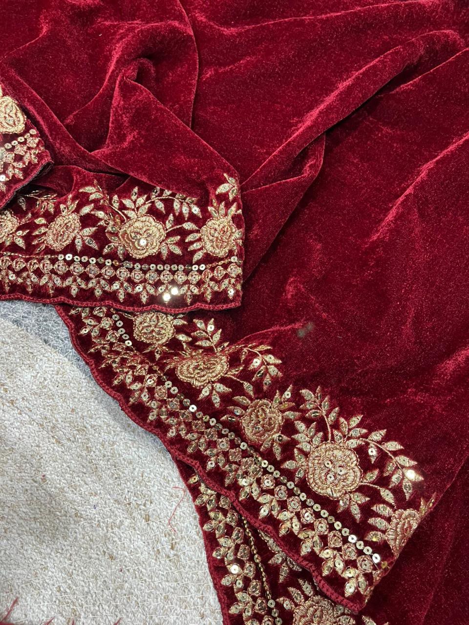 Premium Viscose Velvet Designer Saree With Sequins & Jari Dori Work